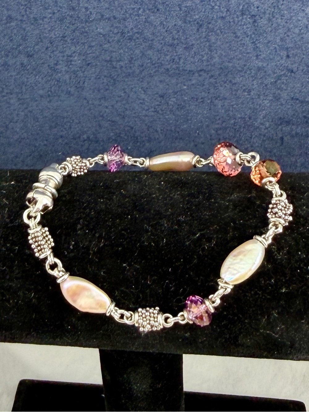 MICHAEL DAWKINS Sterling Silver MOP Purple Pink Amber Popcorn Bracelet; 7.5”